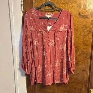 Skies Are Blue Plus Woman 2X Curvy Boho Henley Button Crepe Knit Shirt Blouse